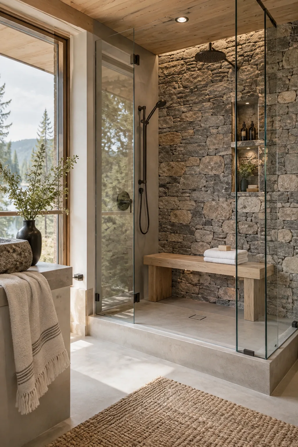 Frameless glass shower next to a stone accent wall
