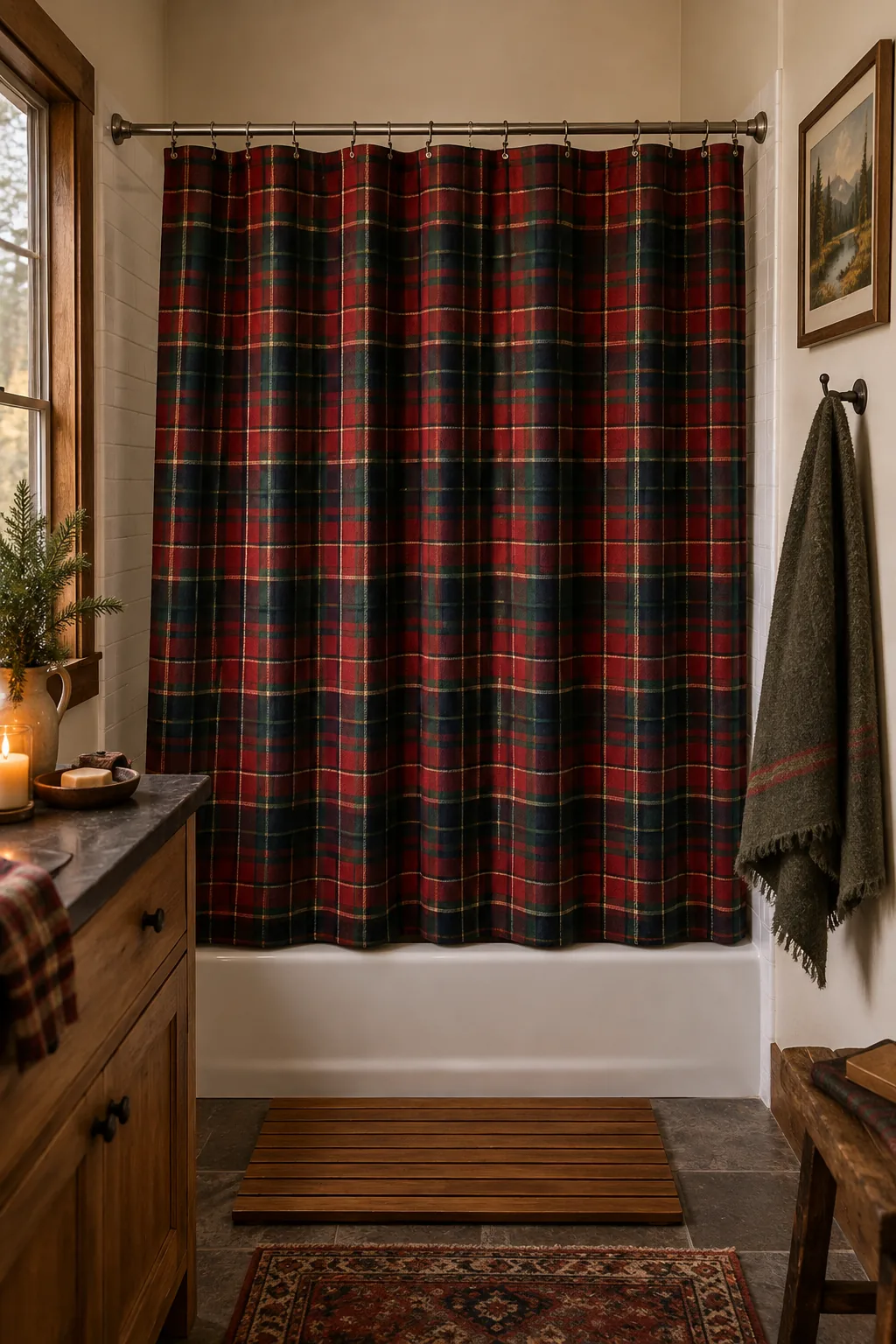 Classic plaid shower curtain on a tension rod