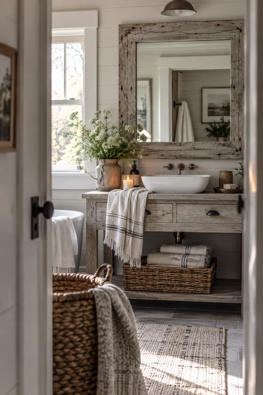 Reclaimed barn wood framing a bathroom mirror
