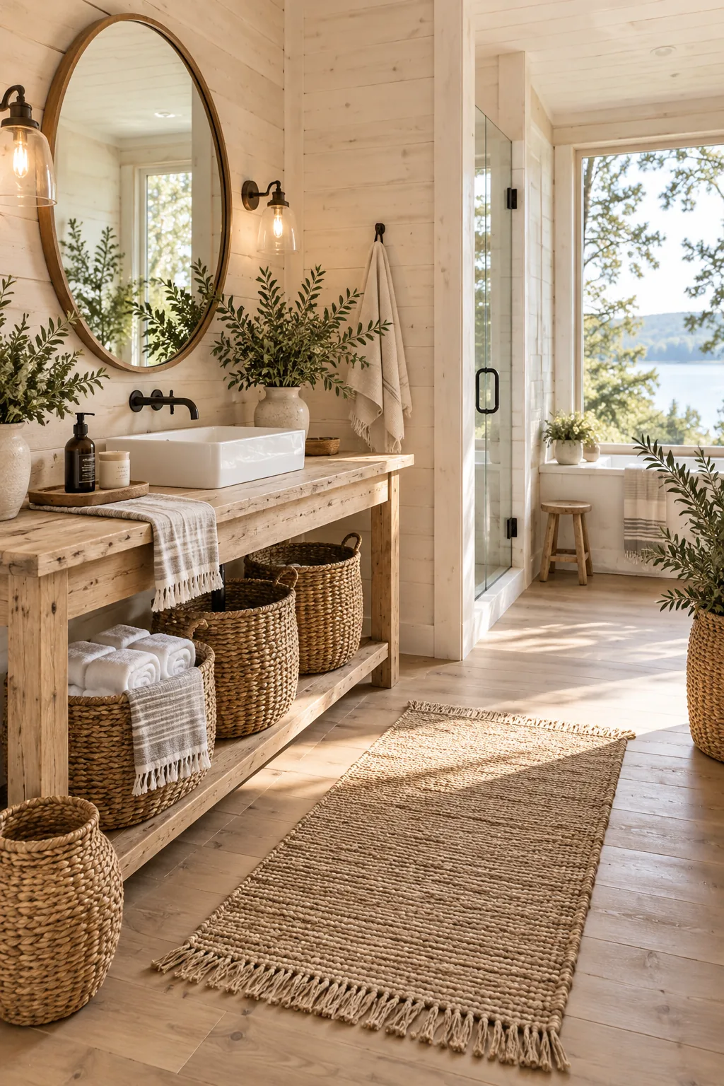 Woven wicker baskets under an open console sink