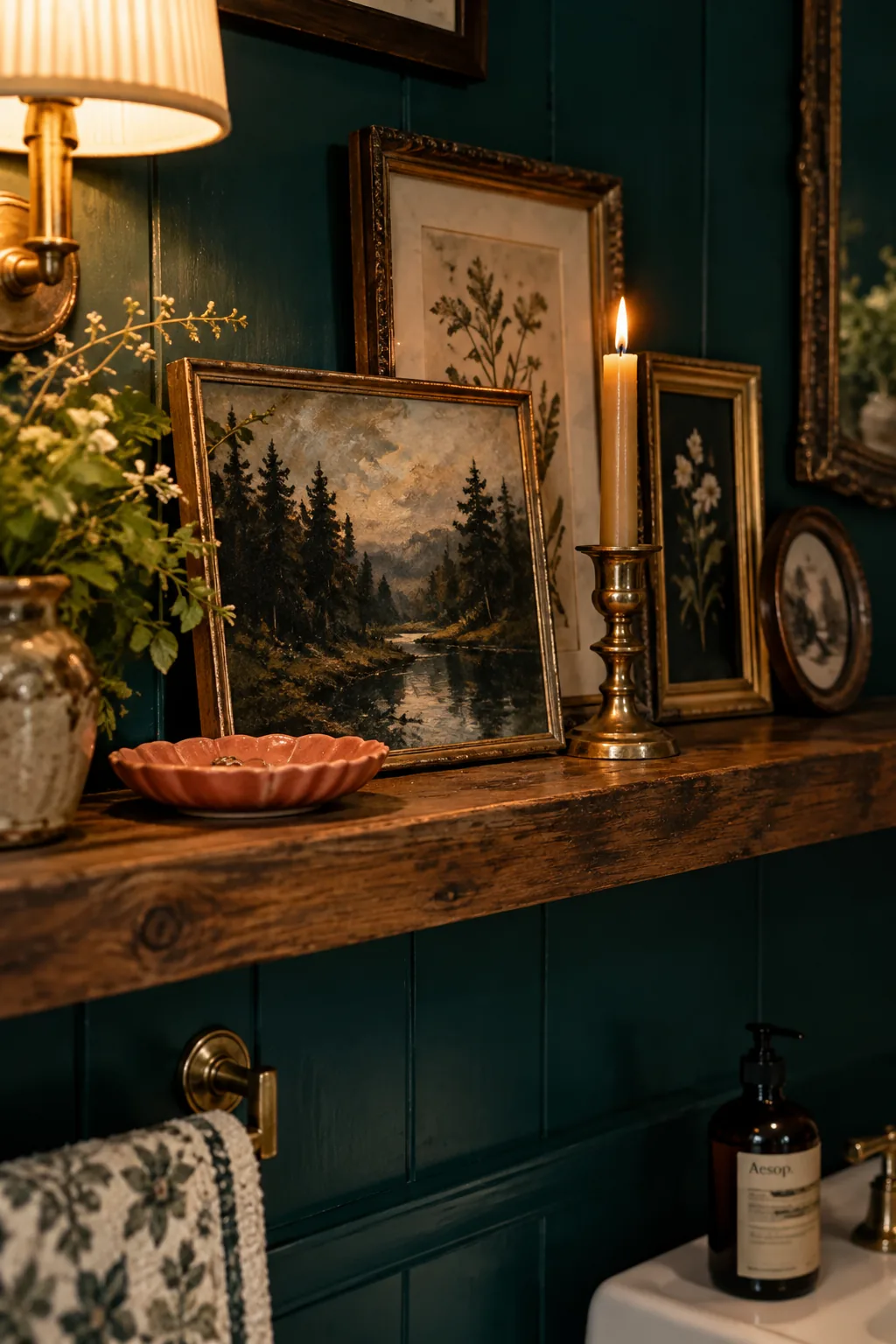 Vintage forest landscape paintings leaning on a bathroom ledge