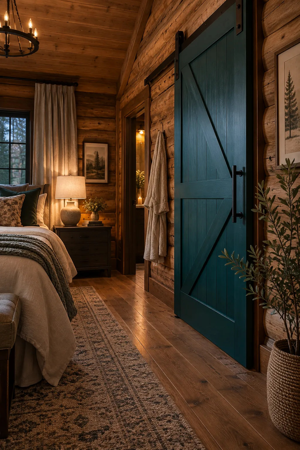 Sliding barn door on iron tracks for a bathroom