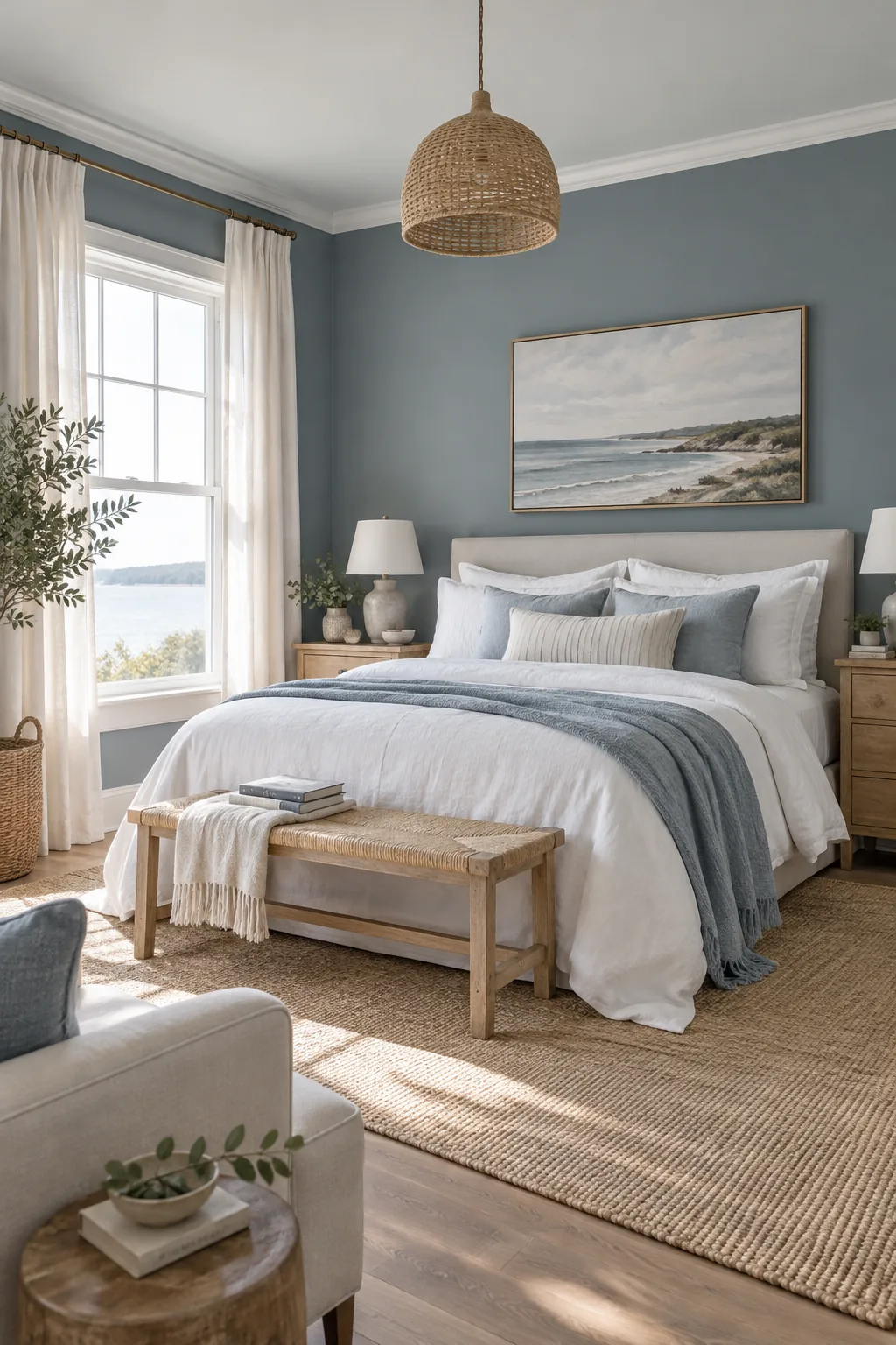A coastal bedroom with slate blue walls and white linen bedding.