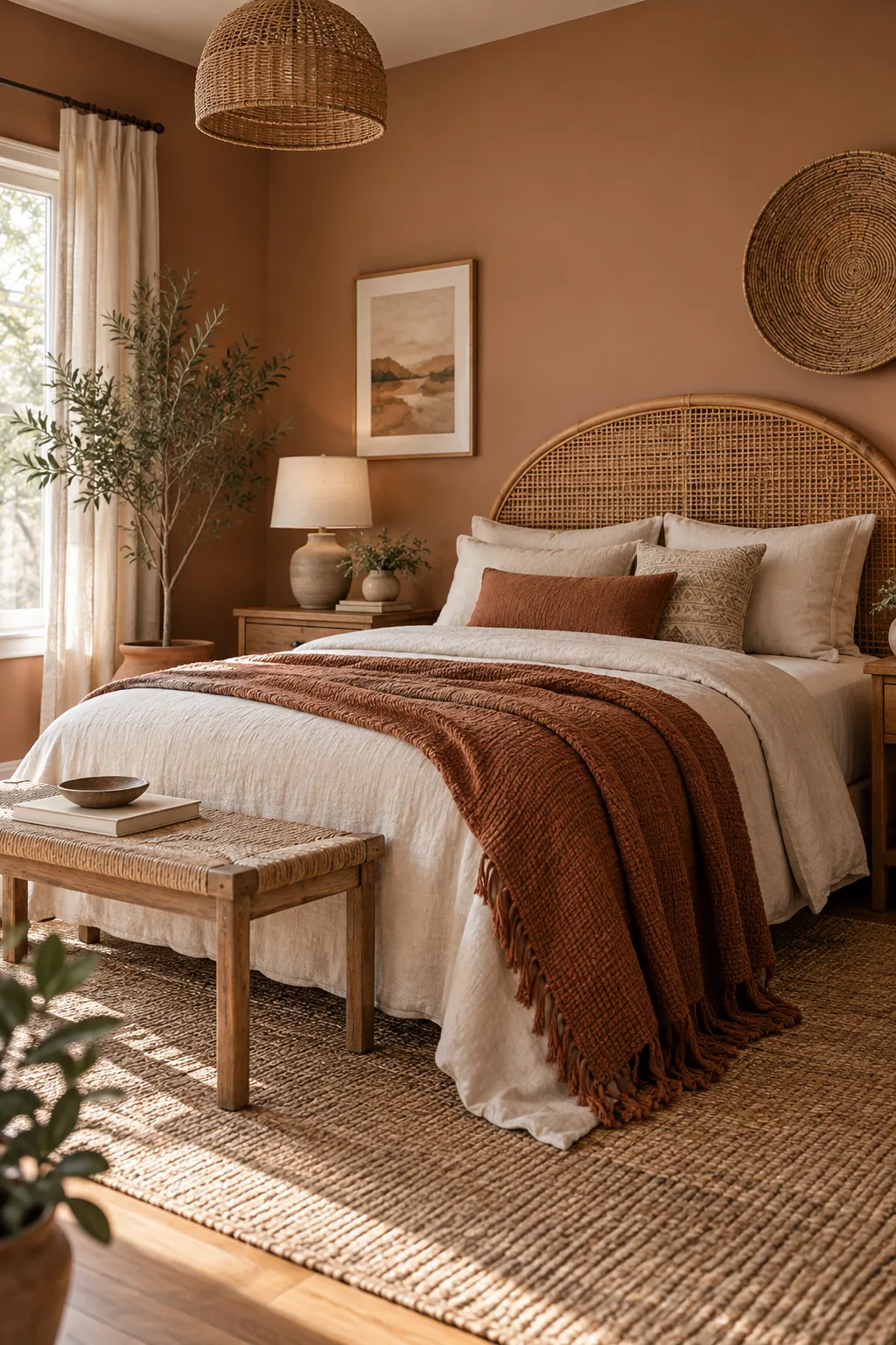 A desert modern bedroom with warm clay walls and a rattan headboard.