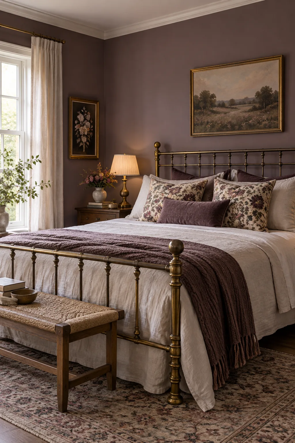 A romantic vintage bedroom with soft plum walls and a brass bed.