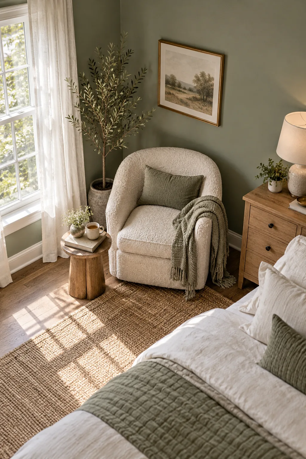 A cozy reading nook with a bouclé chair against mid-tone sage green walls.