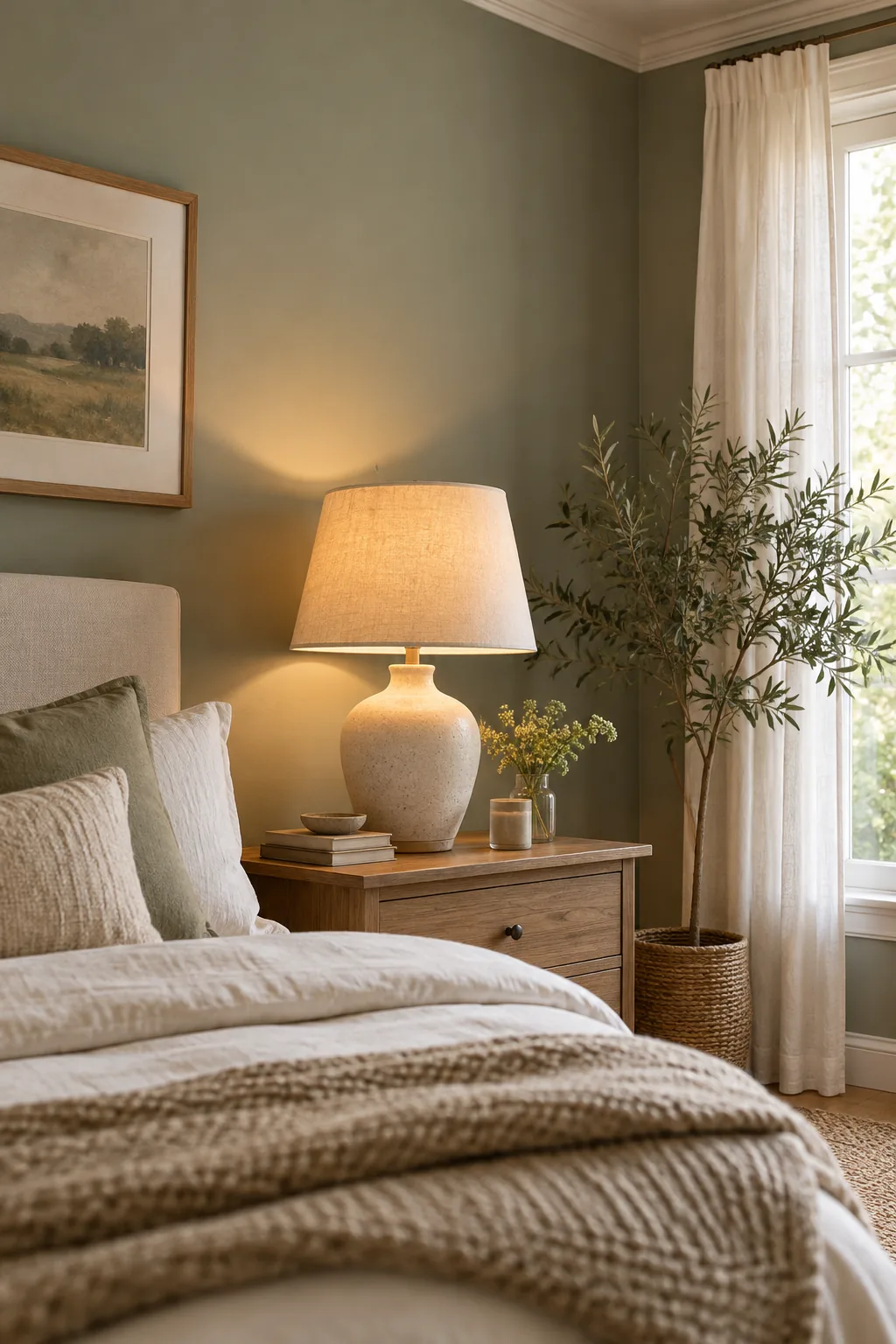 Sheer white curtains filtering morning light onto a grey-green bedroom wall.
