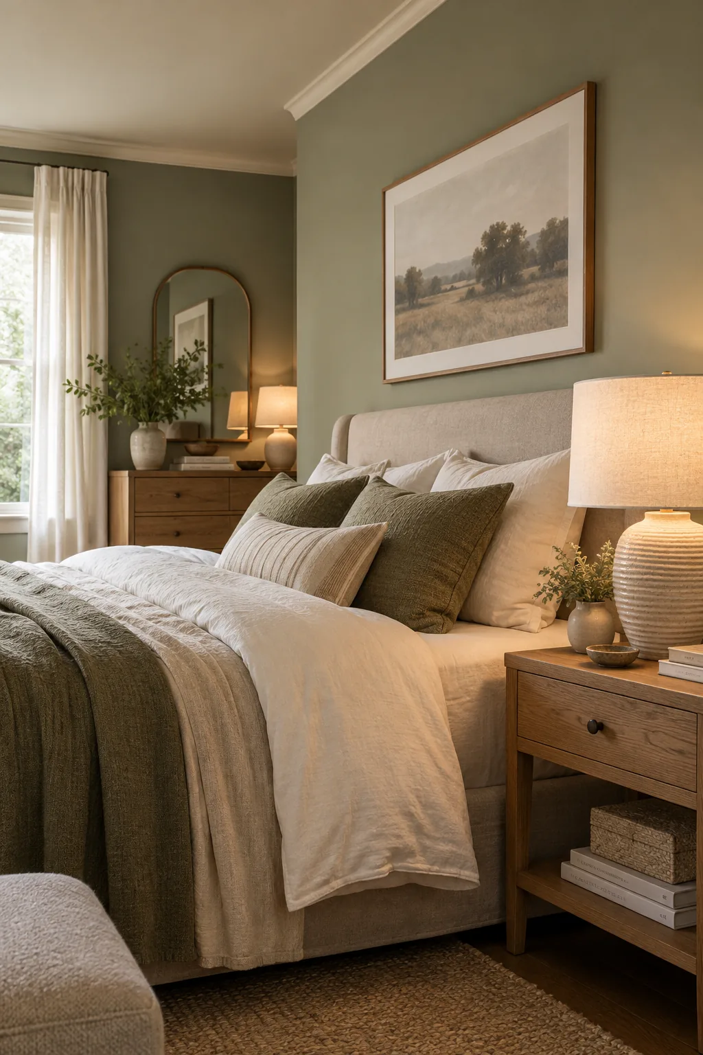 A warm glowing bedside lamp illuminating a matte sage green wall.