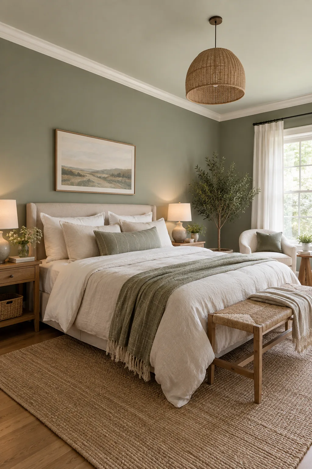 A broad, glare-free matte sage wall behind a linen-dressed bed.