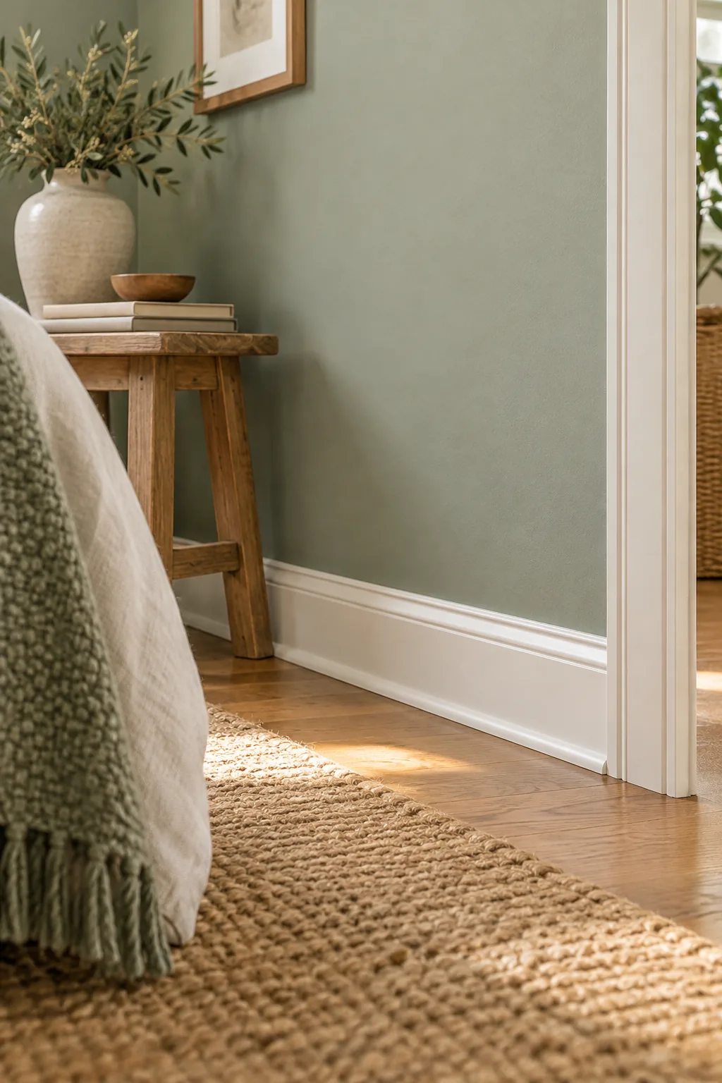 A pale tinted ceiling meeting white crown molding and a sage green wall.