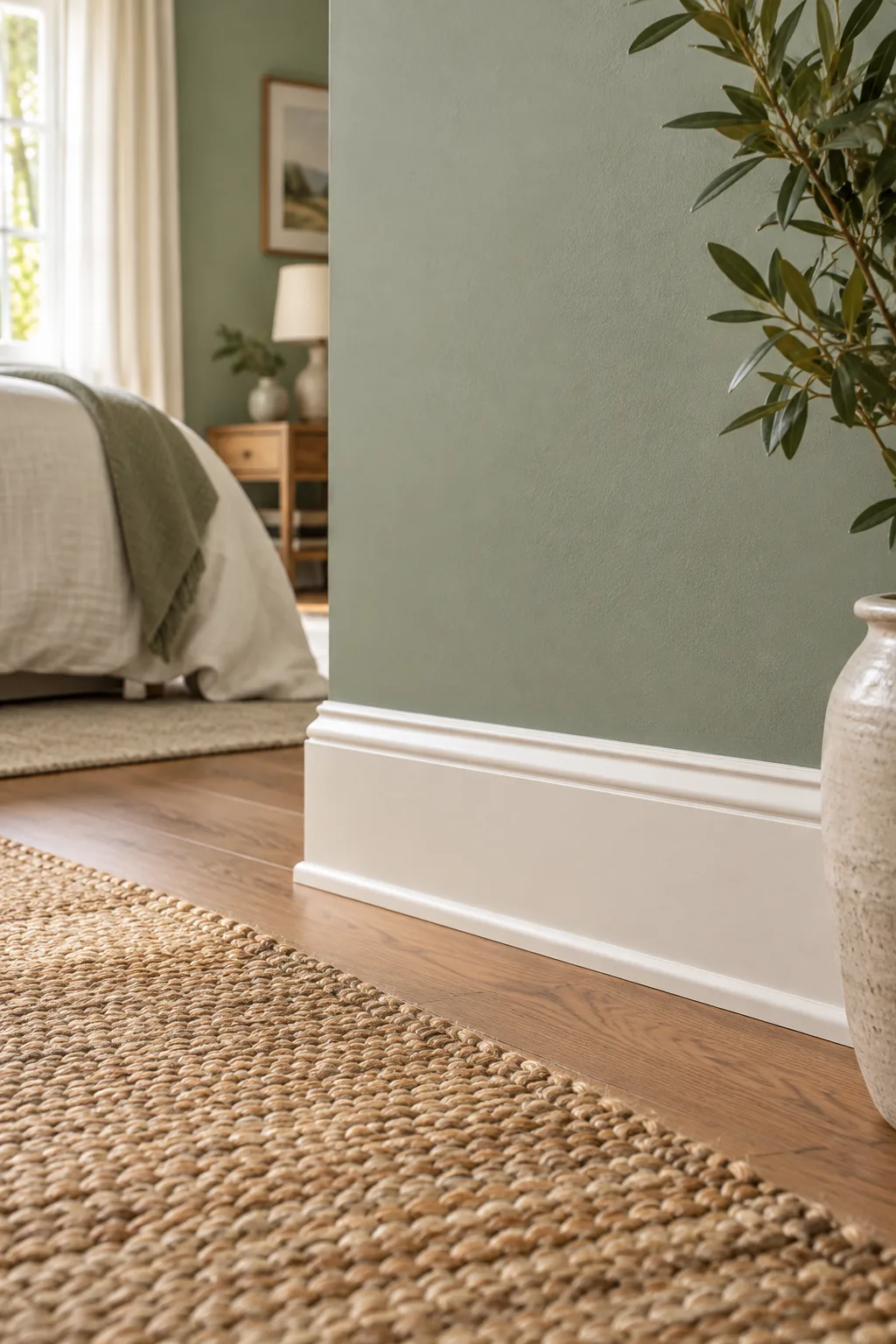 A warm white satin baseboard against a matte sage wall and a jute rug.