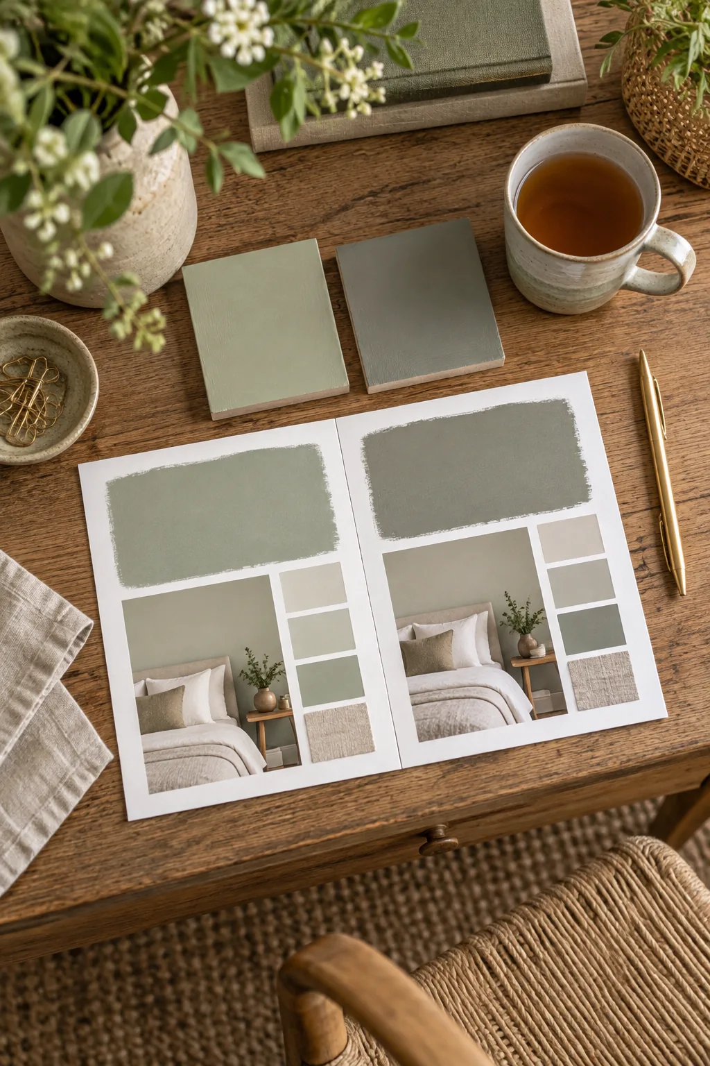 A printed swatch test sheet, sample boards, and a brass pen on a wooden desk.