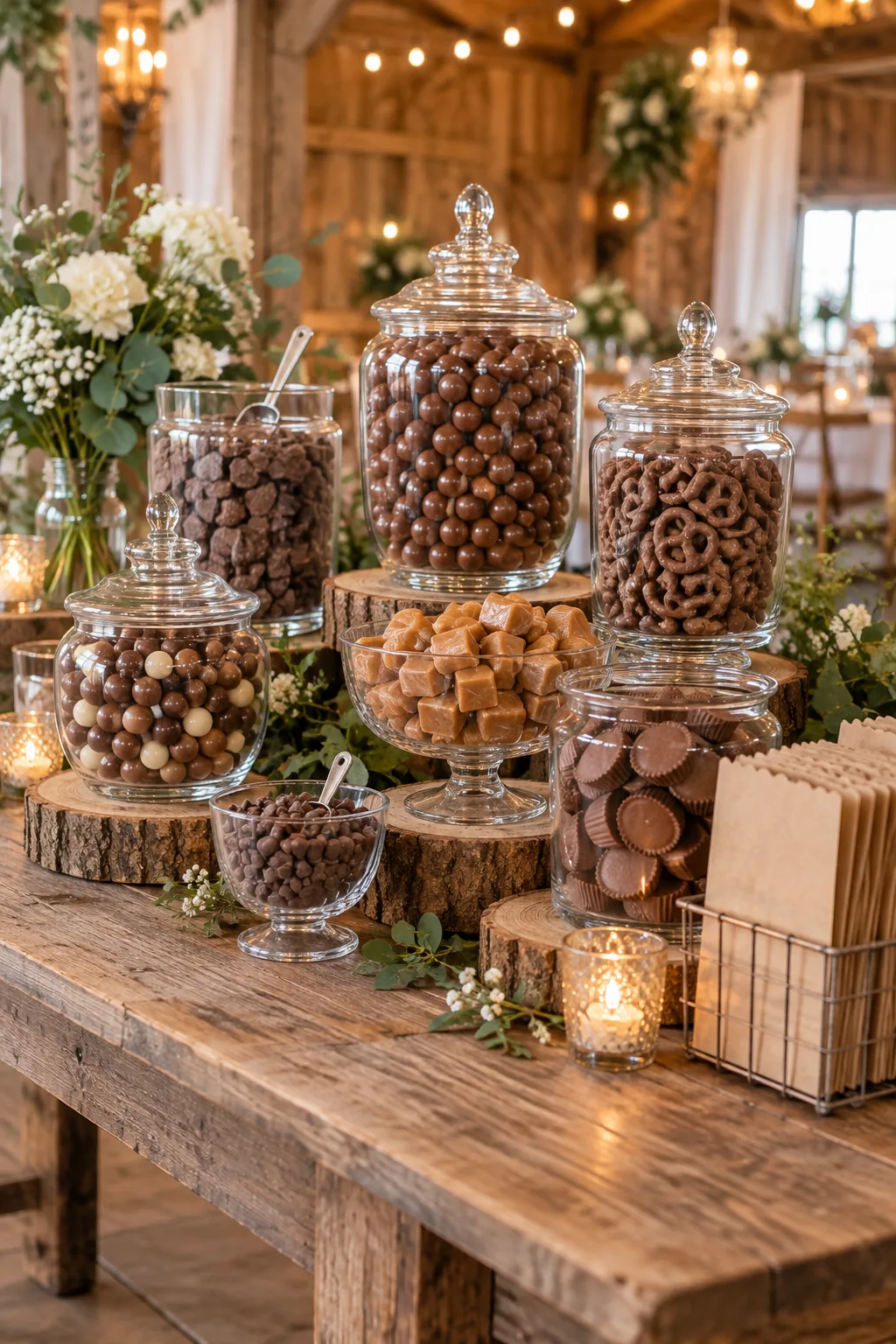 A rustic candy bar with chocolates and caramels on a wooden table with kraft paper bags.