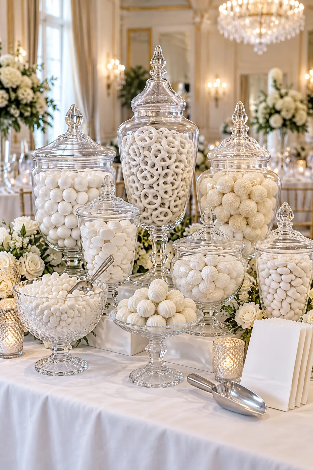 An all-white candy bar featuring crystal jars and silver scoops in a formal ballroom.