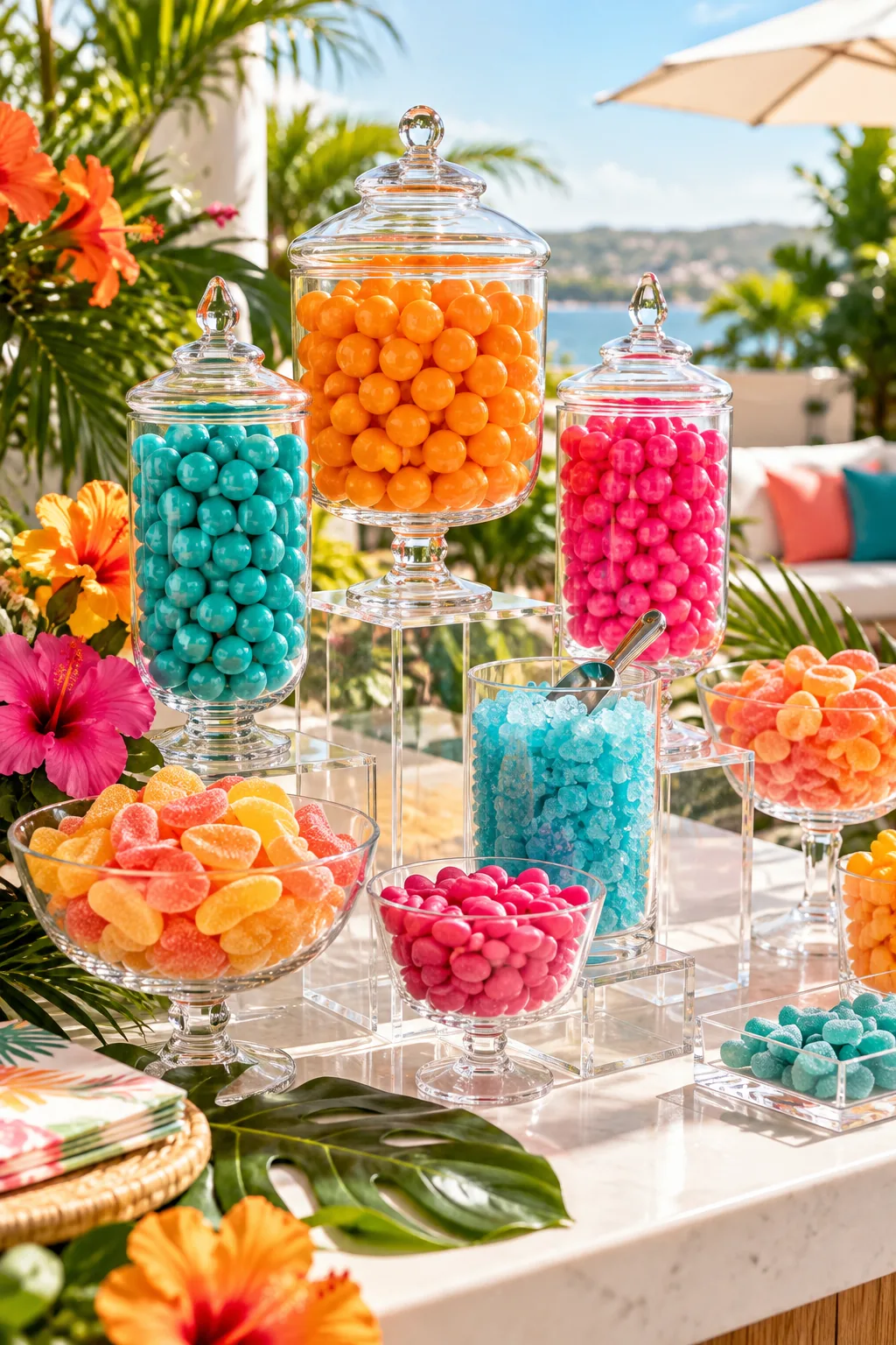 A vibrant tropical candy bar with orange, teal, and pink sweets on clear acrylic risers.