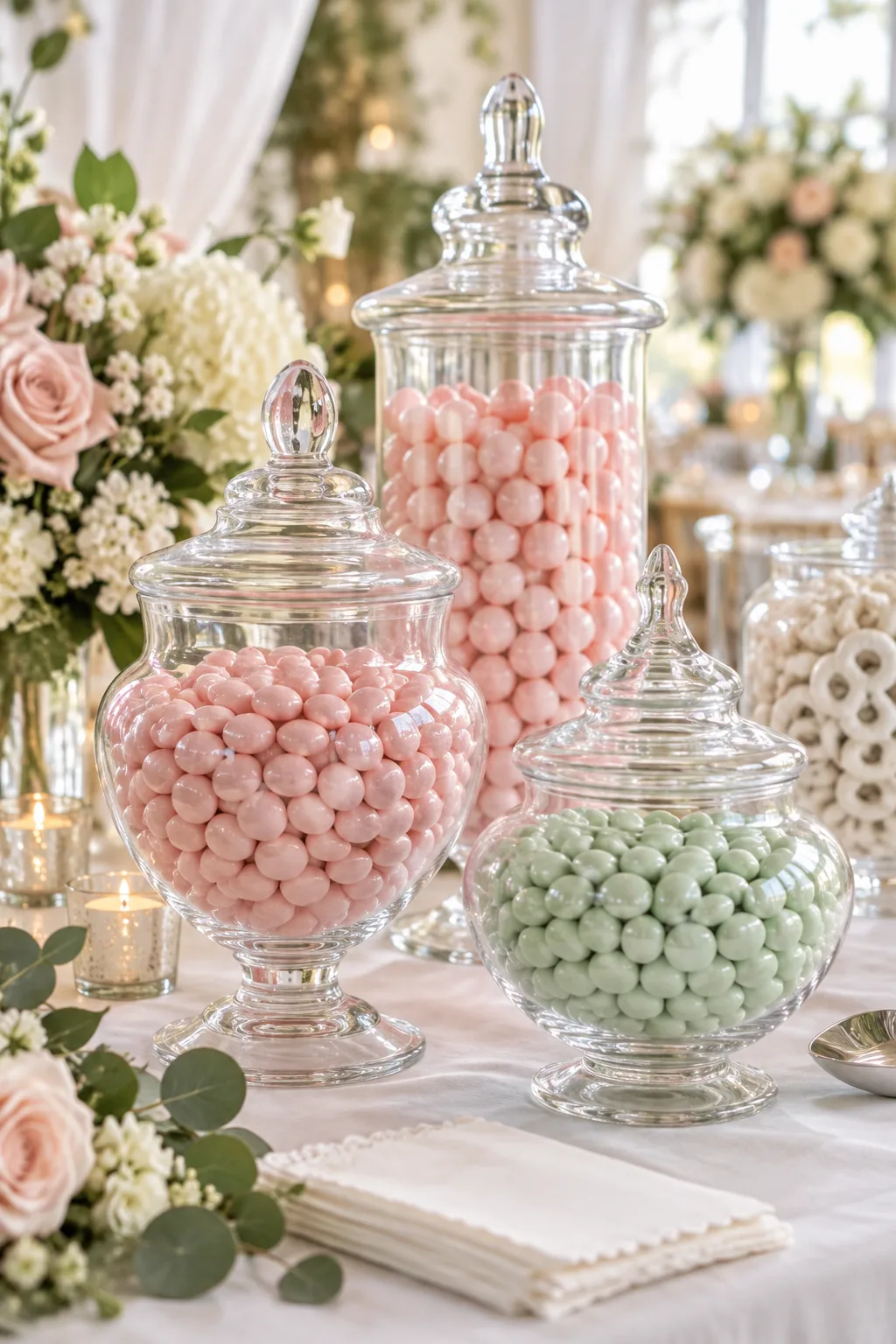 Apothecary jars of varying heights filled with pastel candies displayed on a tiered white linen table.