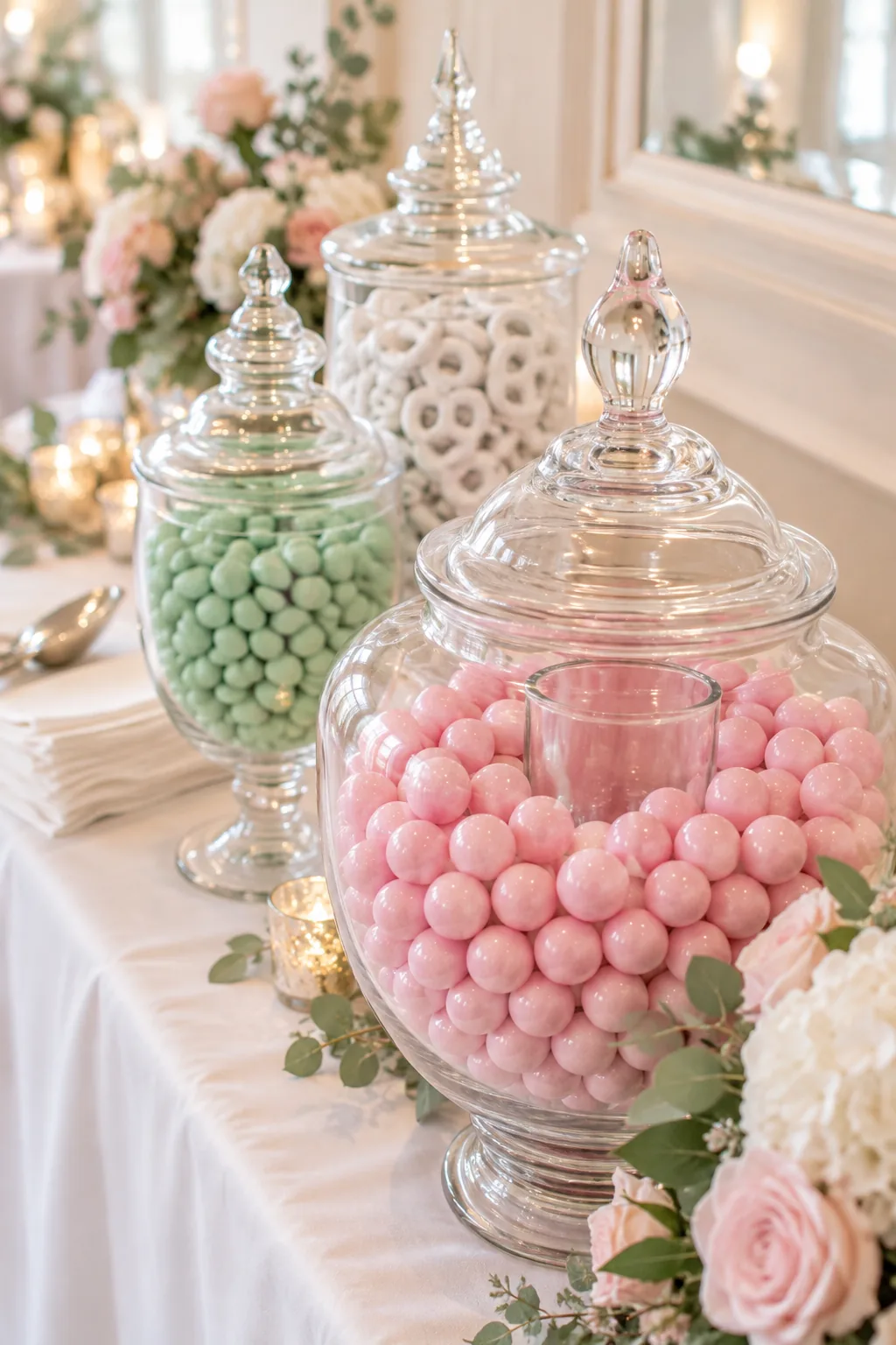 Close-up of three clear glass apothecary jars with different decorative lid shapes filled with pink and green candies.