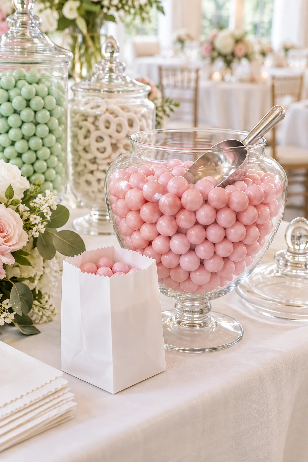 Looking down into a large glass jar filled with pink gumballs, revealing a hidden clear glass cylinder in the center.