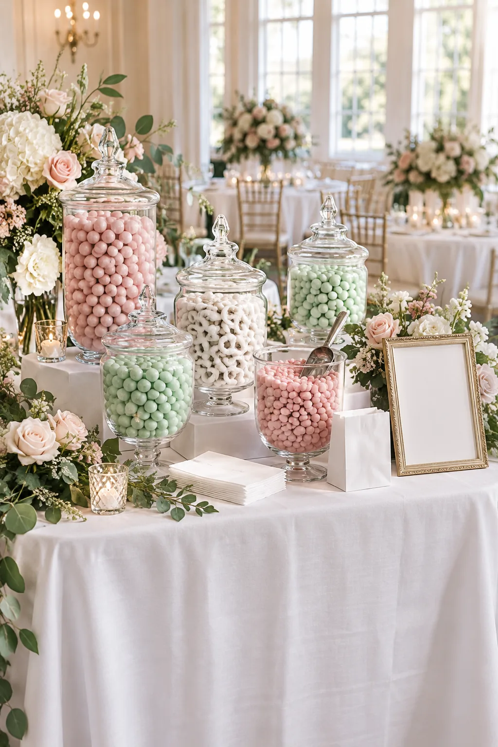 A small white paper favor bag next to a glass jar of pink candies with a silver scoop.