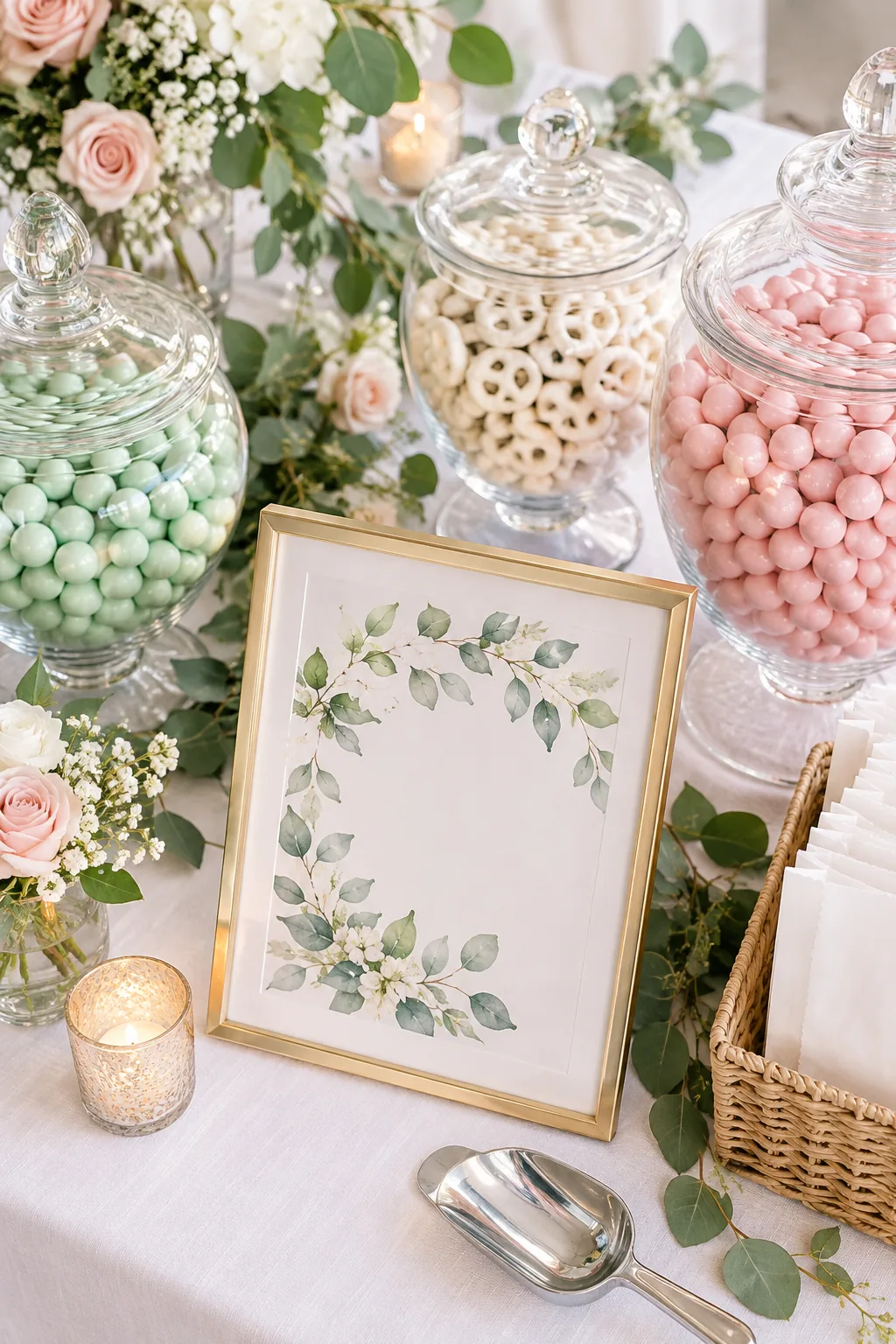 A decorative framed sign sitting on a white linen table surrounded by apothecary jars of pastel candies.