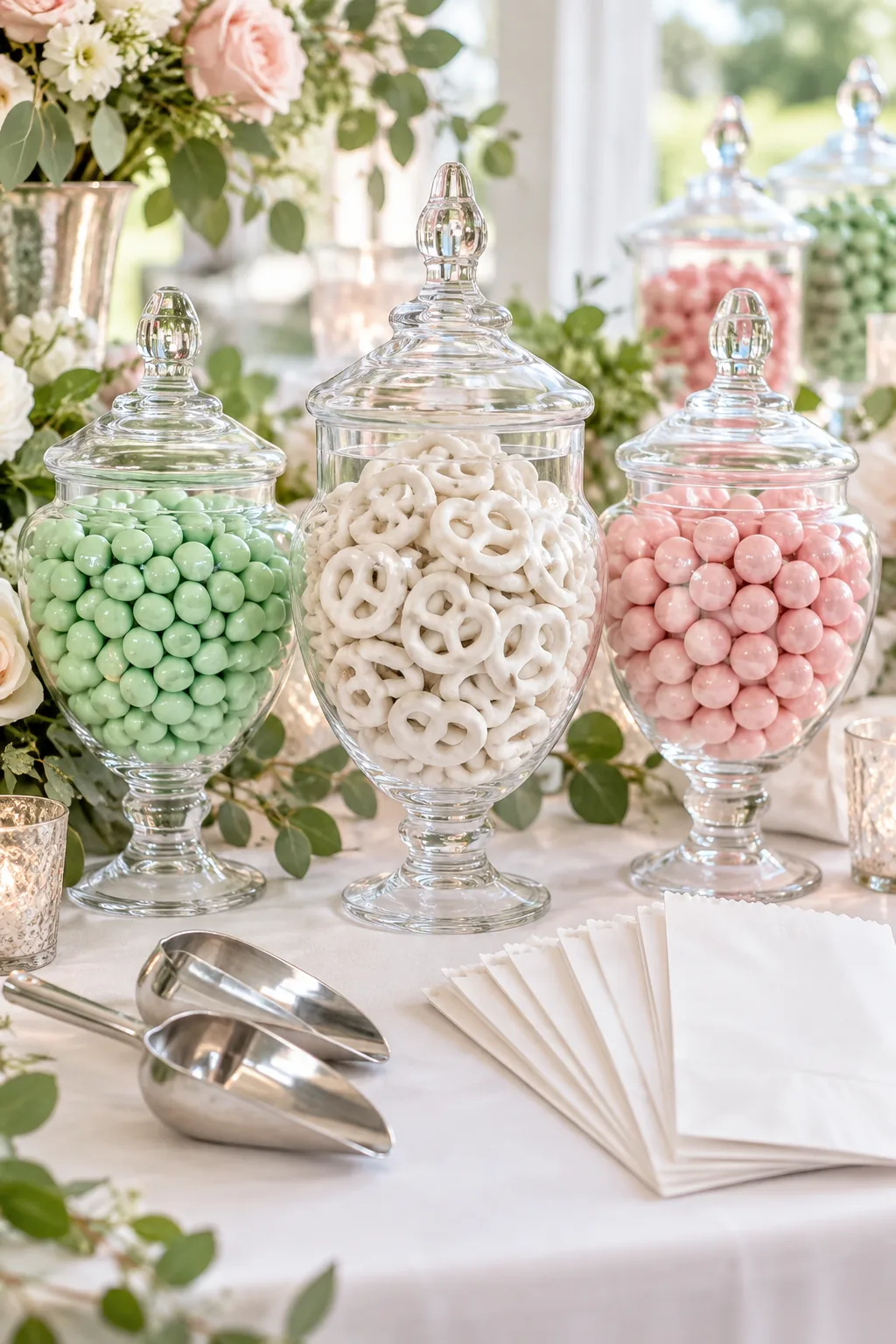 A jar of white yogurt pretzels placed between jars of mint green and blush pink candies.