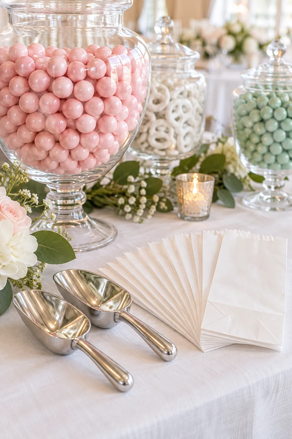 Silver metal scoops and a stack of paper favor bags arranged on a white tablecloth.
