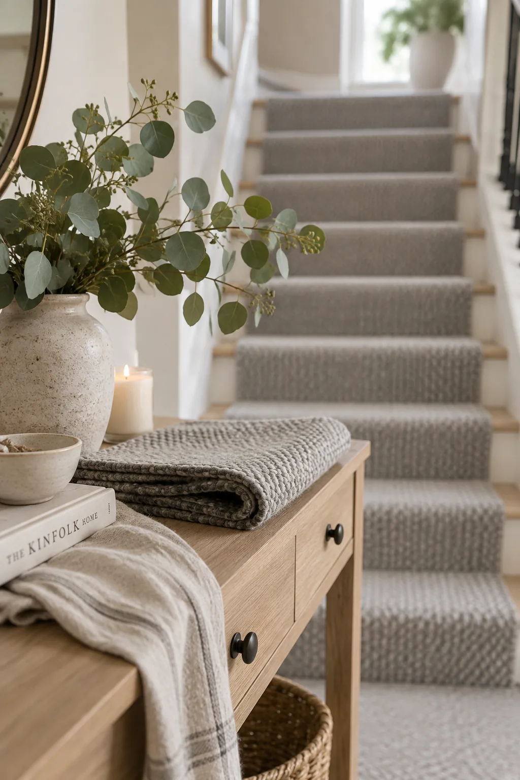 Wooden staircase with a tight weave wool carpet runner in light gray.