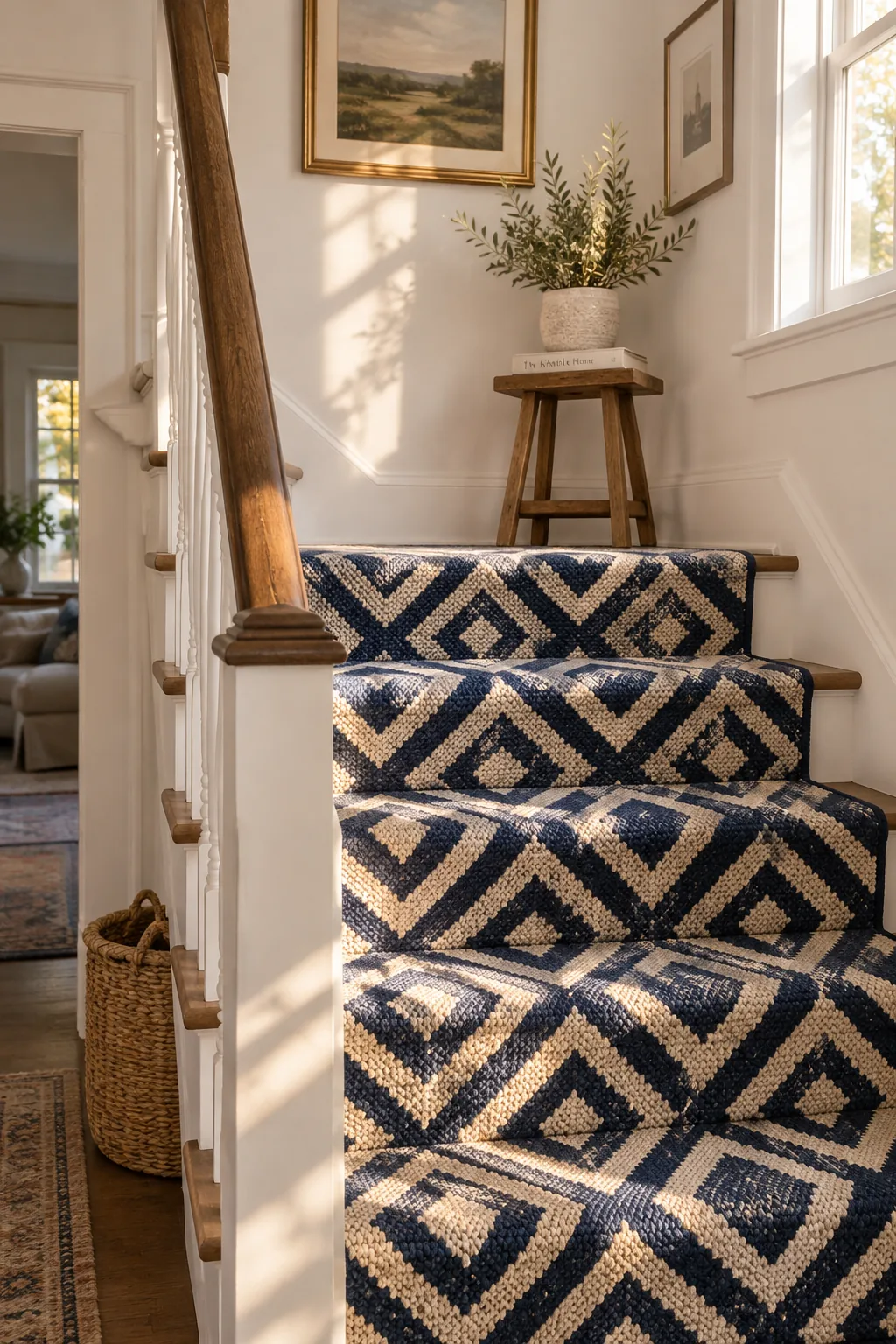 Staircase featuring a bold navy and white geometric patterned carpet runner.