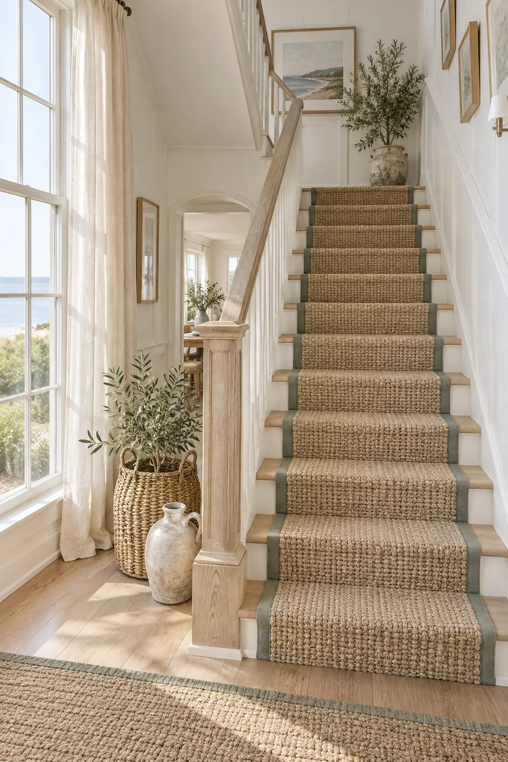 Natural sisal carpet runner on wooden stairs with a black cotton binding.