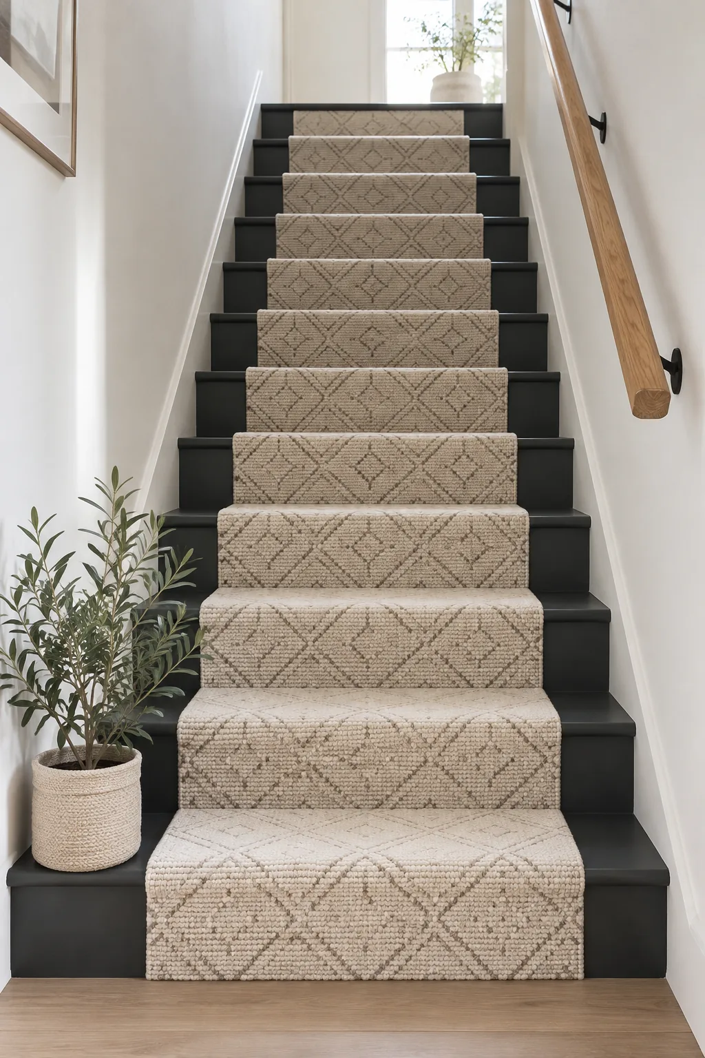 Staircase with black painted risers and a light gray patterned carpet runner.
