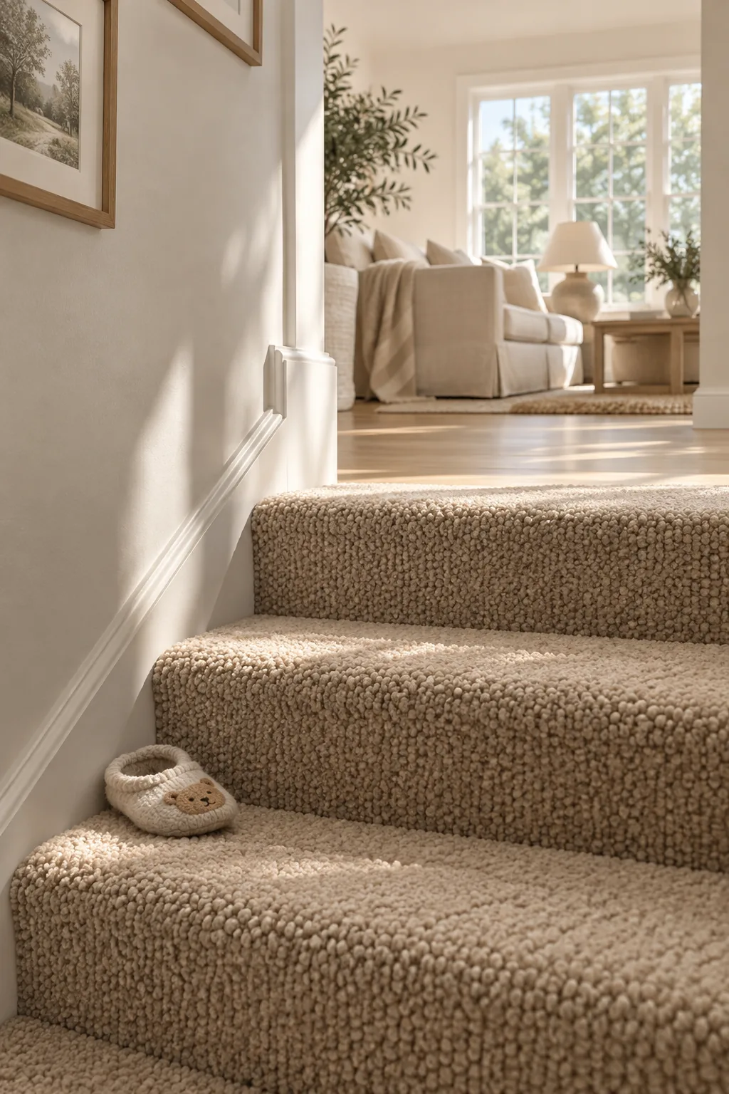 Fully carpeted stairs in a warm oatmeal plush carpet.