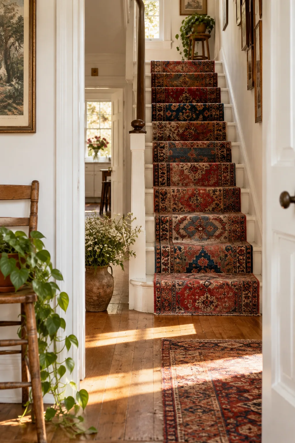 A stair runner made from pieced-together vintage Turkish rugs in red and blue.