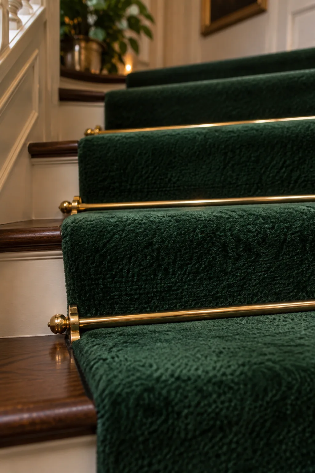 Light gray carpet runner on stairs accented with polished brass stair rods.