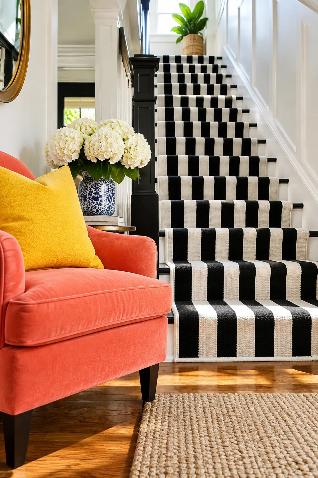 Staircase featuring a vertical black and white striped carpet runner.