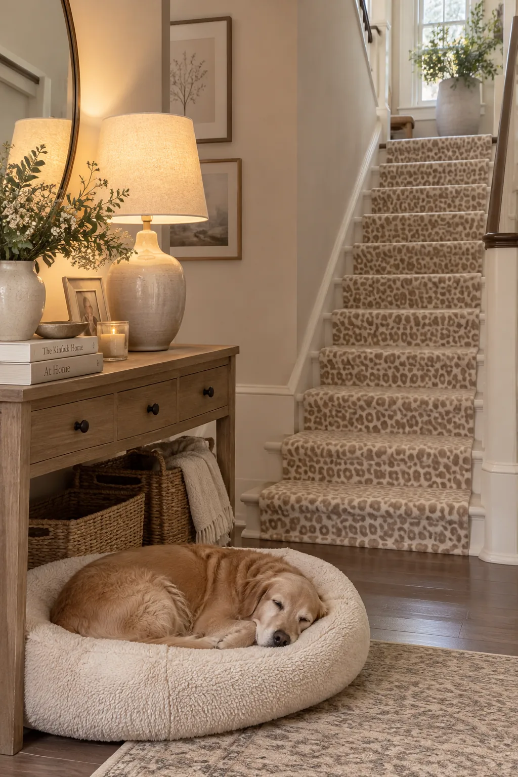 Subtle beige and cream leopard print carpet runner on wooden stairs.