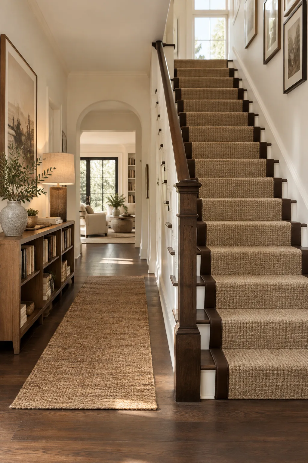 Flat-weave carpet runner with brown leather binding on the edges.