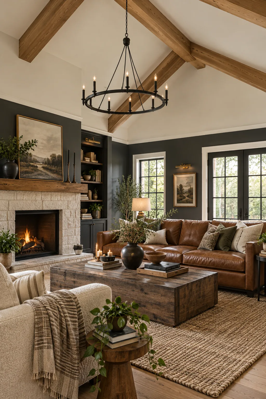 A living room with charcoal lower walls and oak ceiling beams.