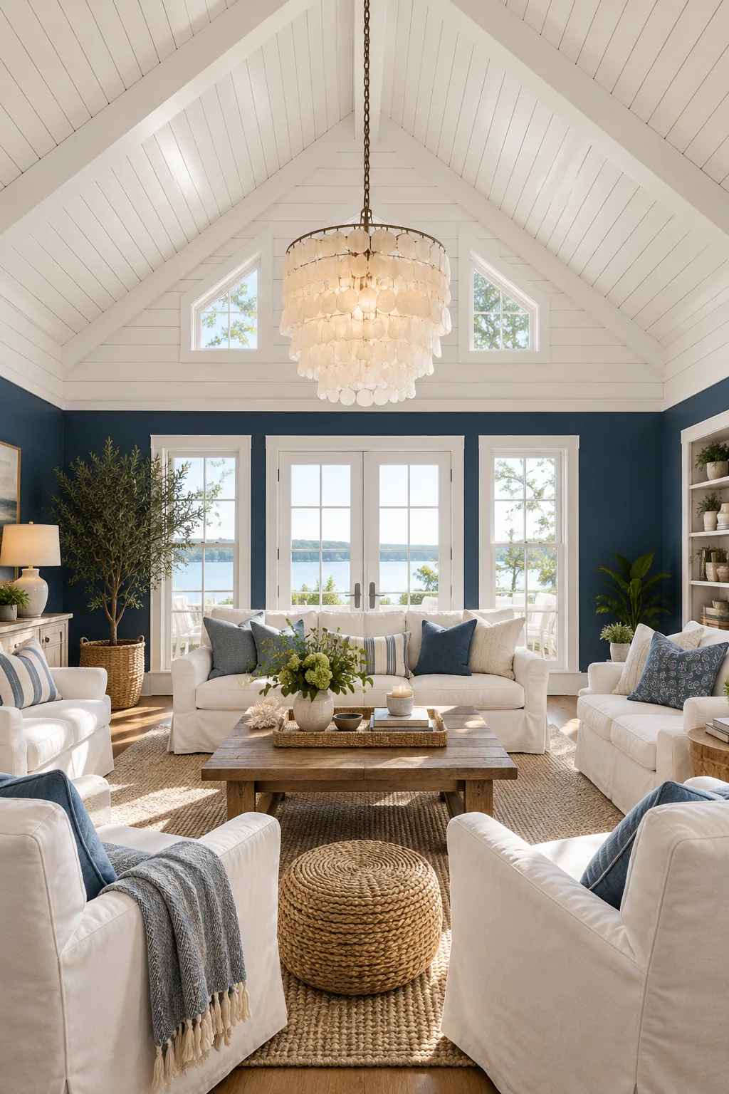 A living room with navy blue lower walls and a white shiplap ceiling.