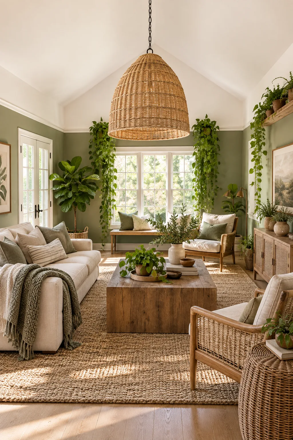 A living room with sage green lower walls and an oversized rattan pendant.