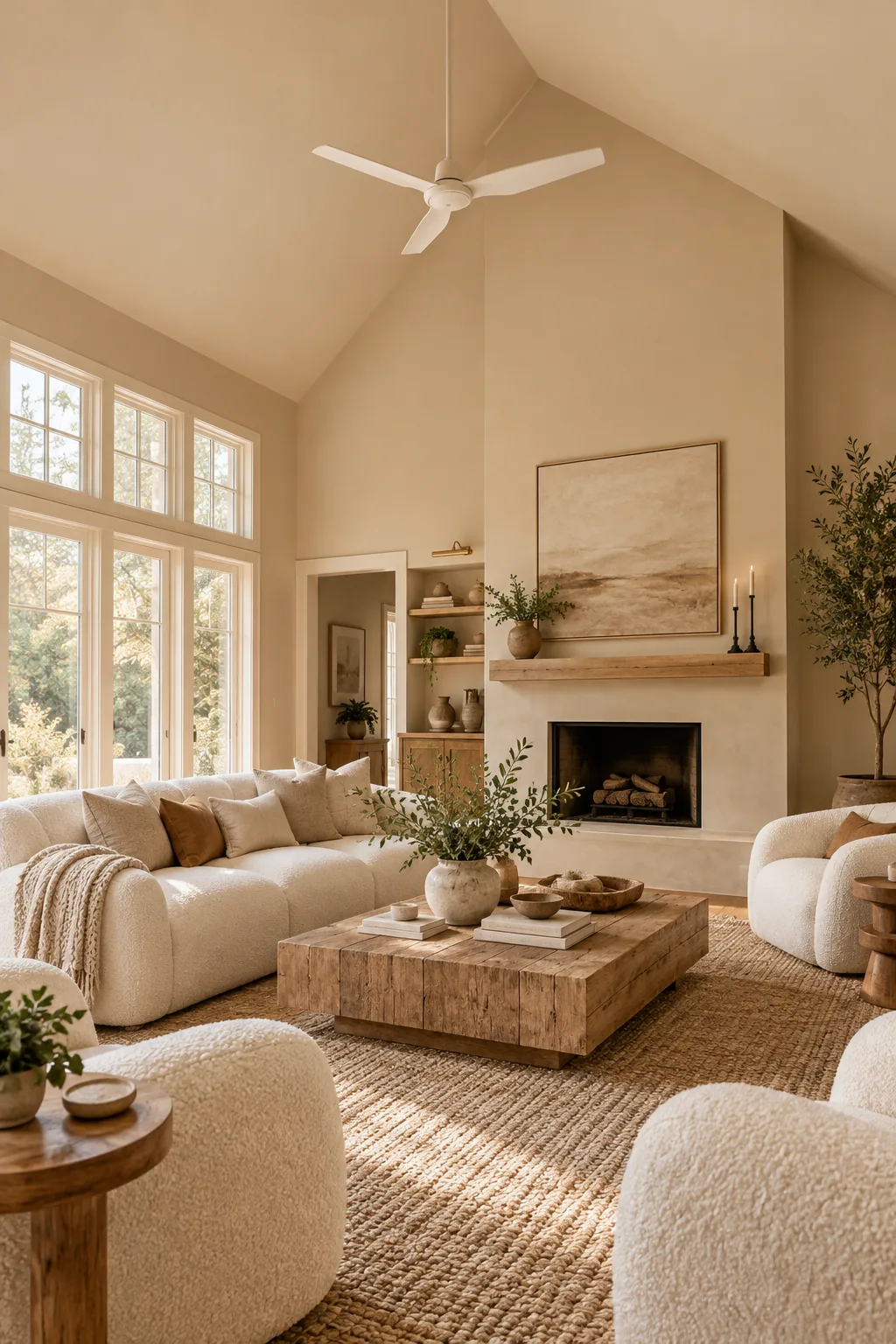 A tone-on-tone beige living room with a matching vaulted ceiling.