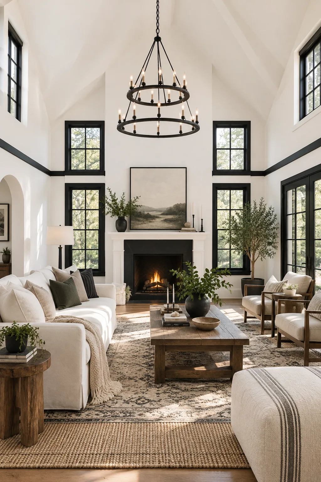 A white living room with a bold black trim line and black window mullions.