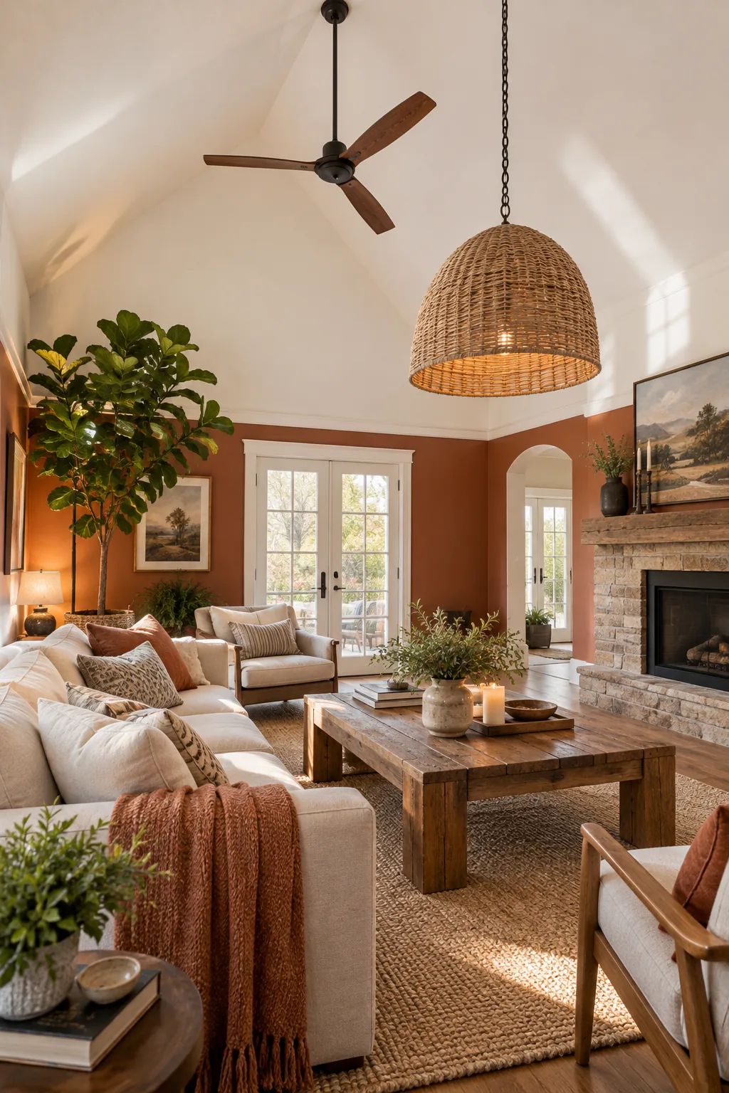 A wide view of a living room featuring a vaulted white ceiling and warm terracotta lower walls.