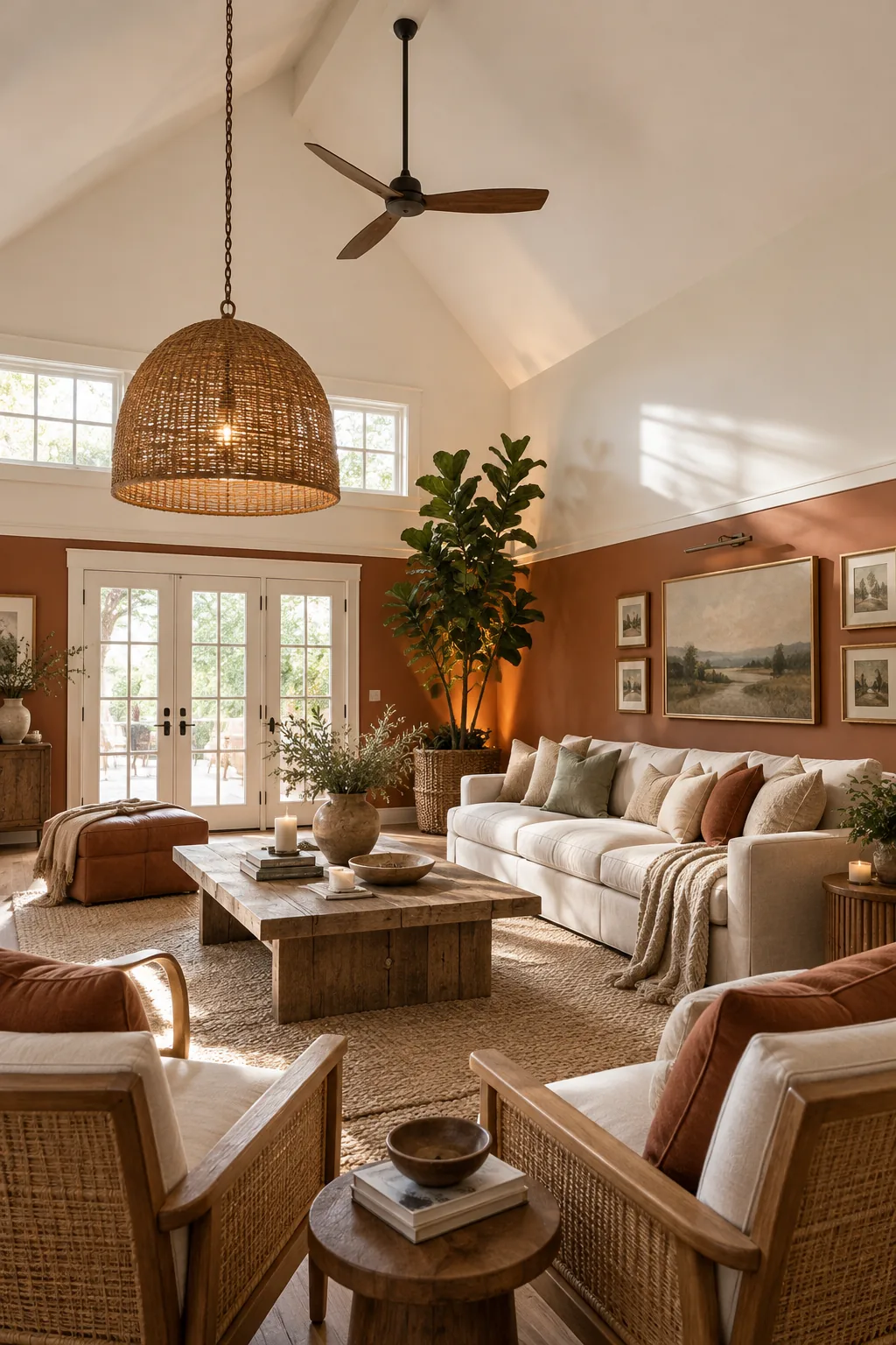 A dark wood ceiling fan mounted on a downrod against a white sloped ceiling.