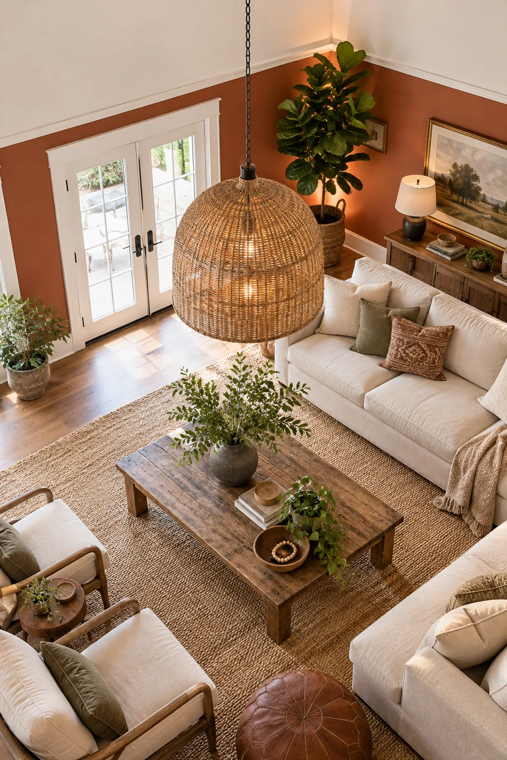 A woven rattan pendant light hanging low over a wooden coffee table.