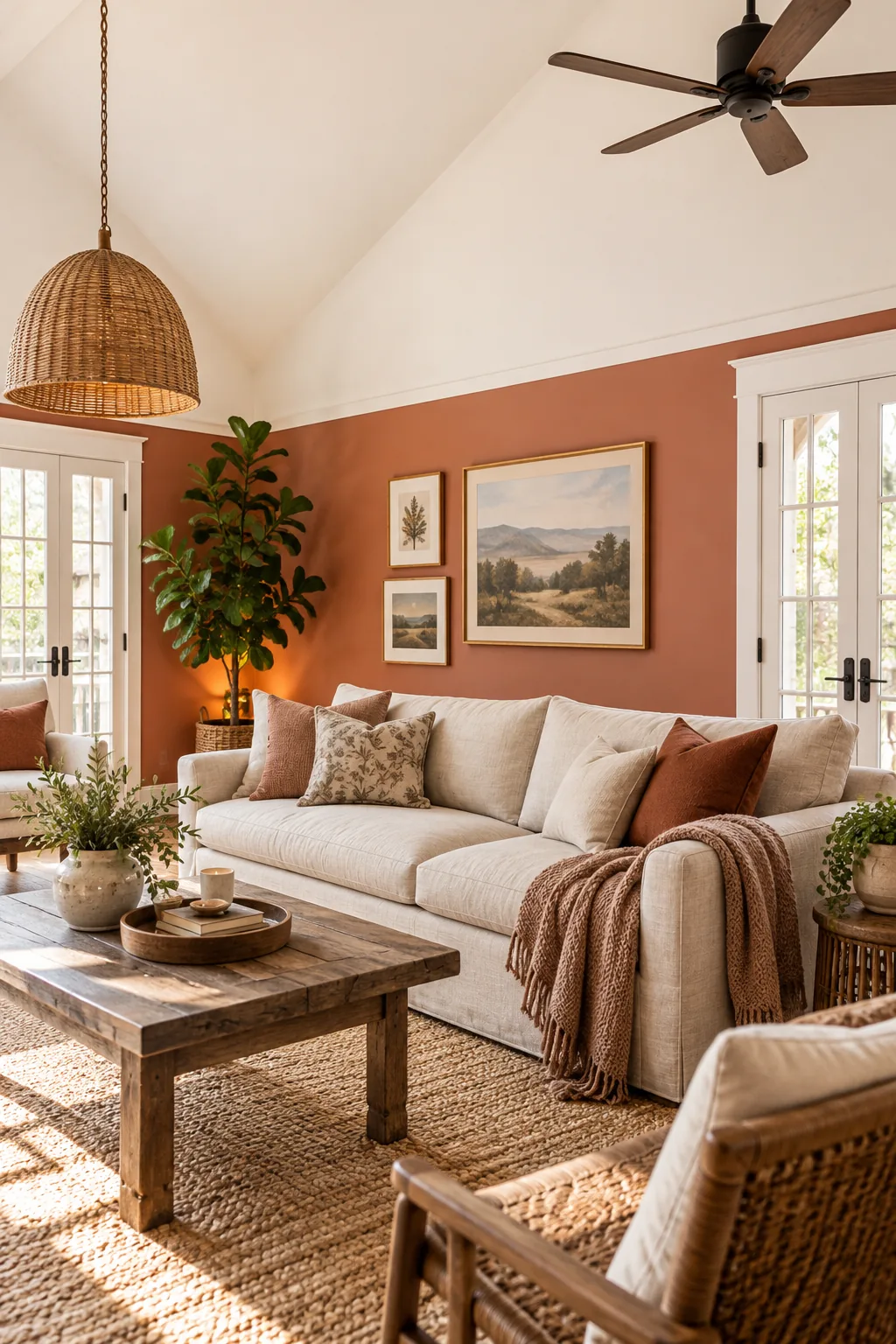 White horizontal trim aligning with the top of French doors, separating terracotta and white paint.