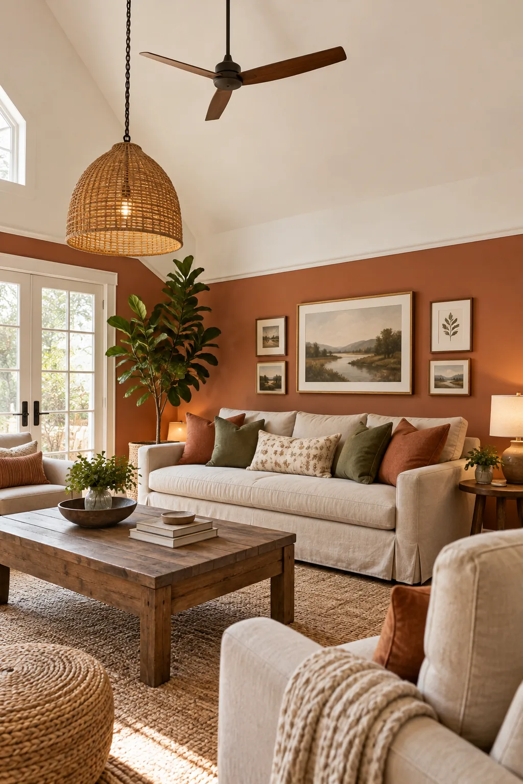 A two-tone wall with terracotta paint below a white trim line and white paint above.