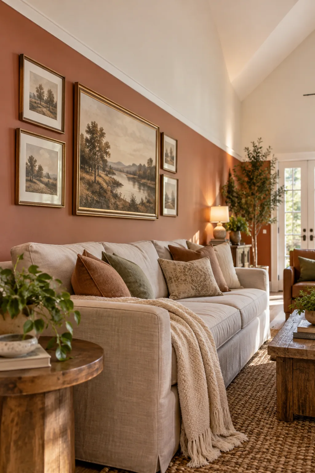 Framed landscape art hanging on a terracotta wall above a linen sofa.