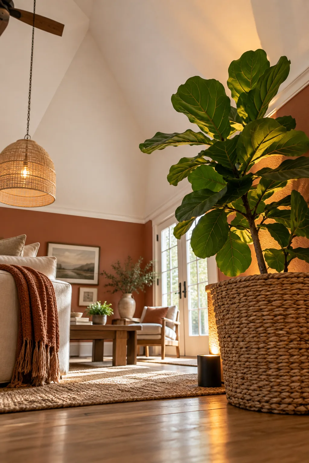 A small floor uplight glowing behind a potted fiddle-leaf fig tree.