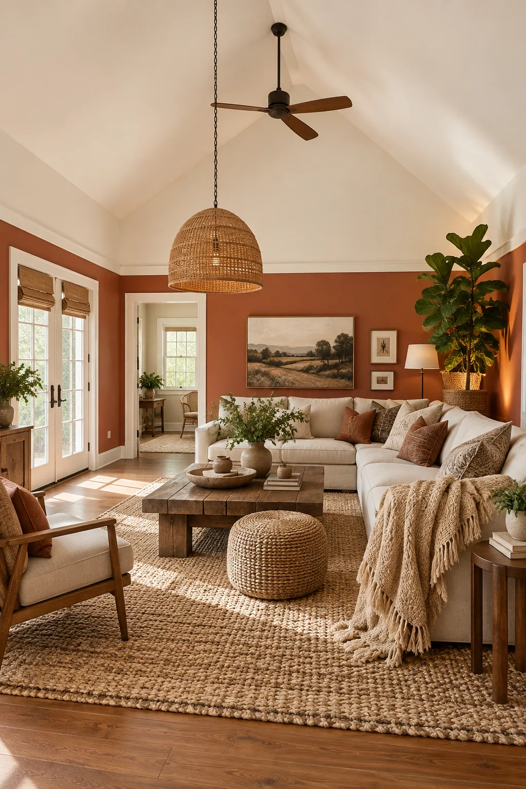 A textured jute rug and draped throw blankets on a linen sofa.