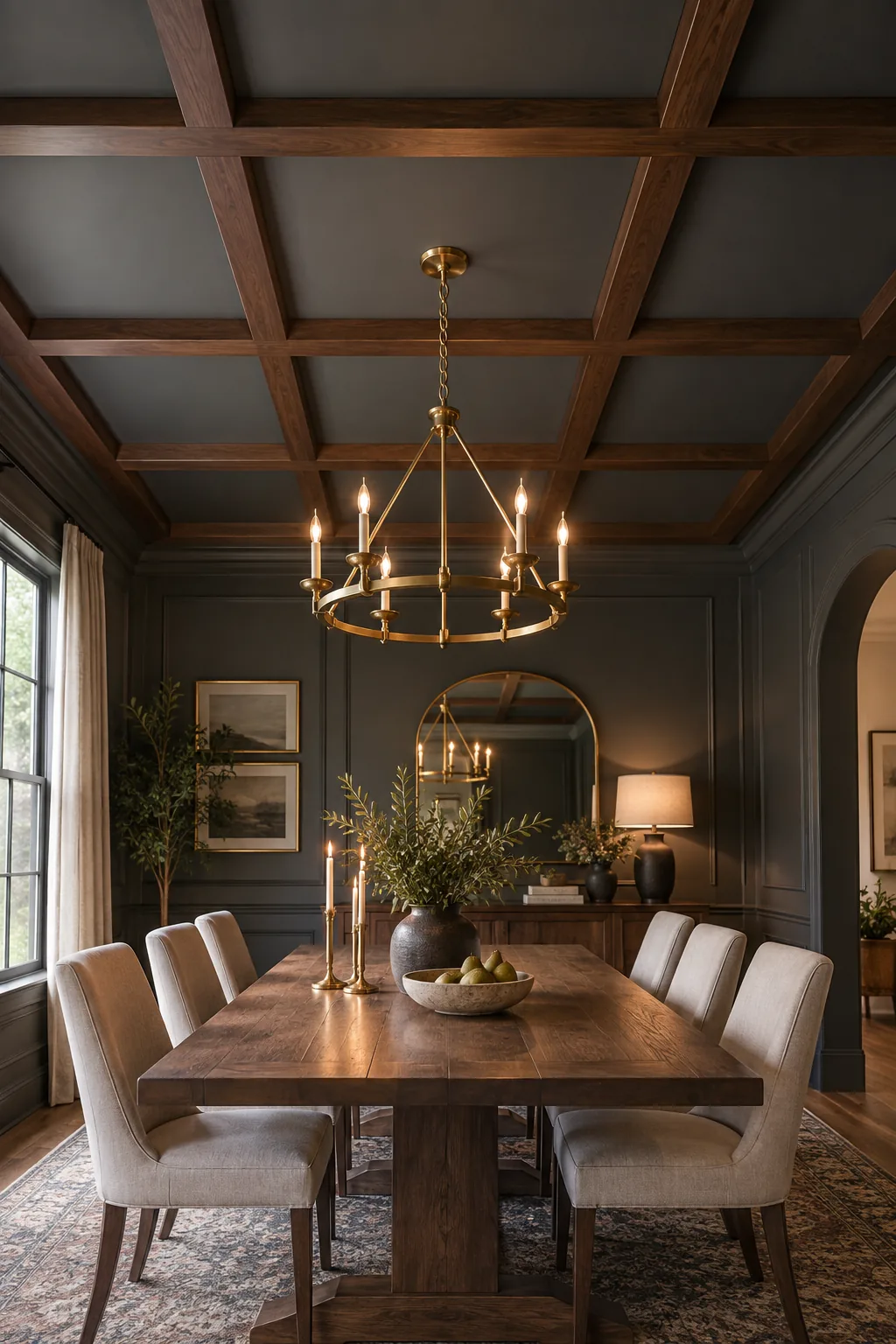 A dark charcoal dining room ceiling featuring a rich walnut wood batten grid and a brass chandelier.